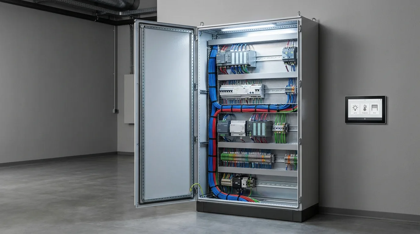 Épületautomatizálási vezérlőszekrény sínre szerelt modulokkal és kezelőpanellel