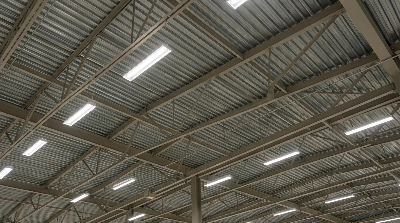Ipari csarnok mennyezete LED-es világítótestek soraival