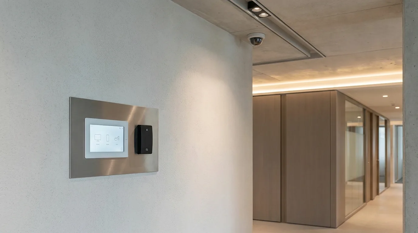 Épülettechnikai kezelőpanel és beléptető olvasó modern folyosón