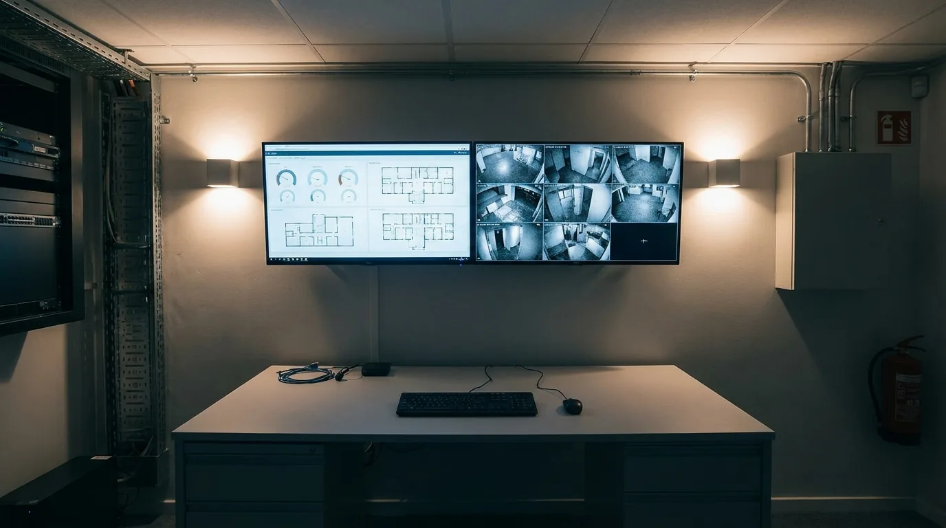 Épületfelügyeleti helyiség monitorokkal, állapotjelző felületekkel és kameraképekkel