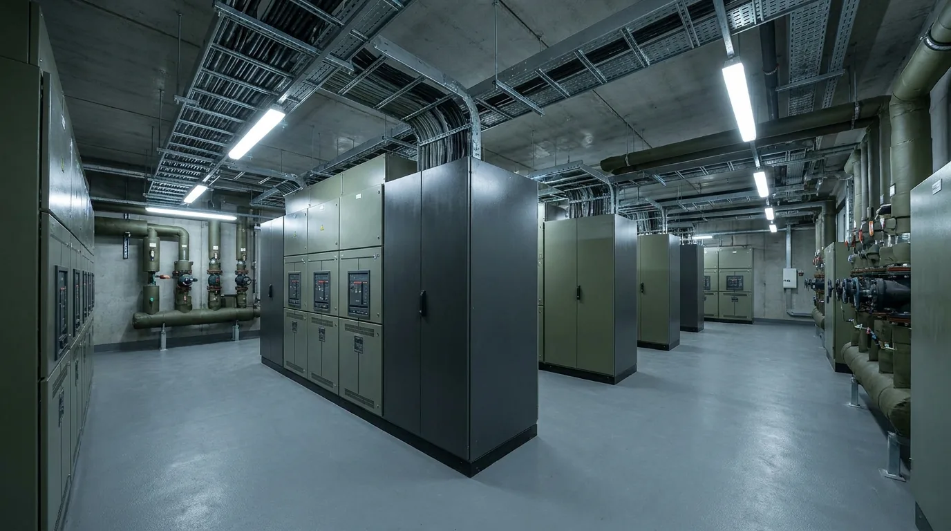 Épületgépészeti helyiség elektromos szekrényekkel és kábeltálcákkal