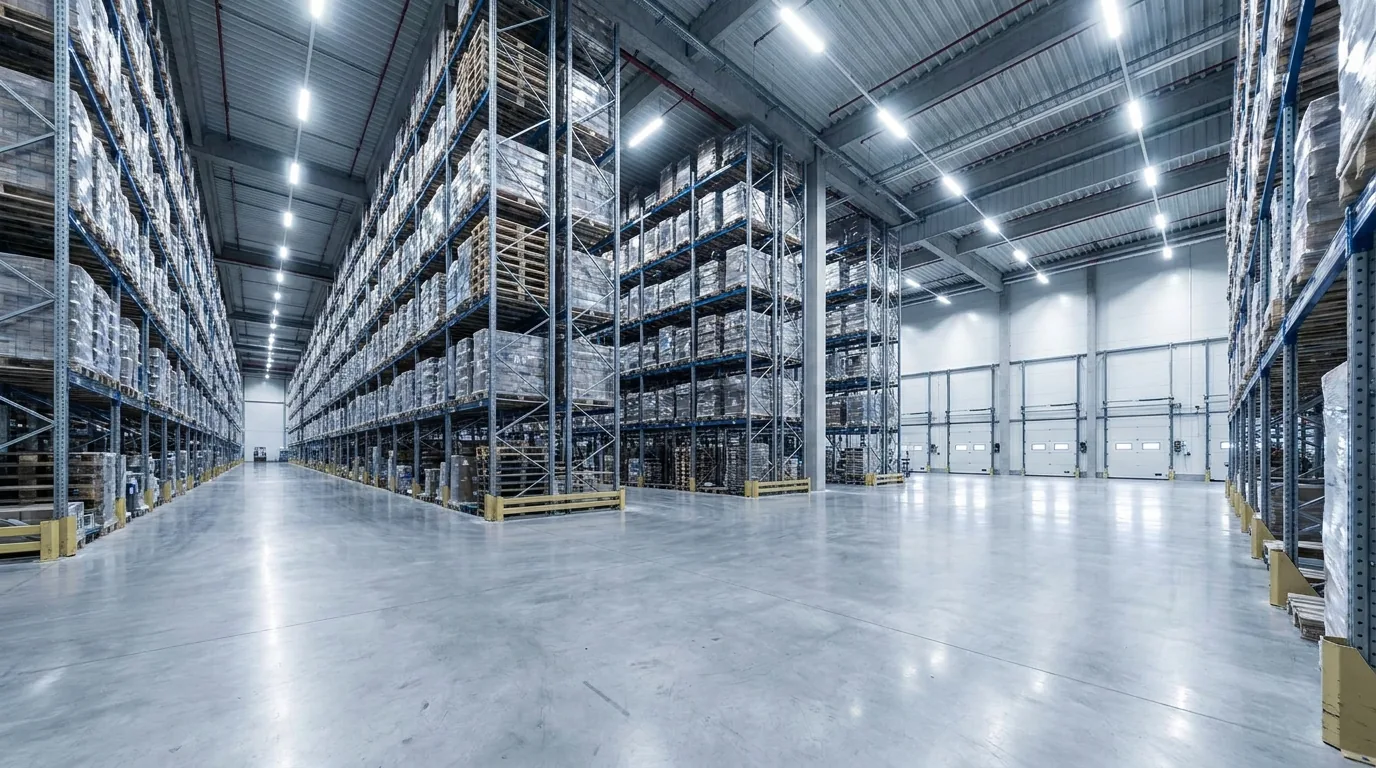 Logisztikai csarnok belső tere ipari LED-világítással és raktári állványokkal
