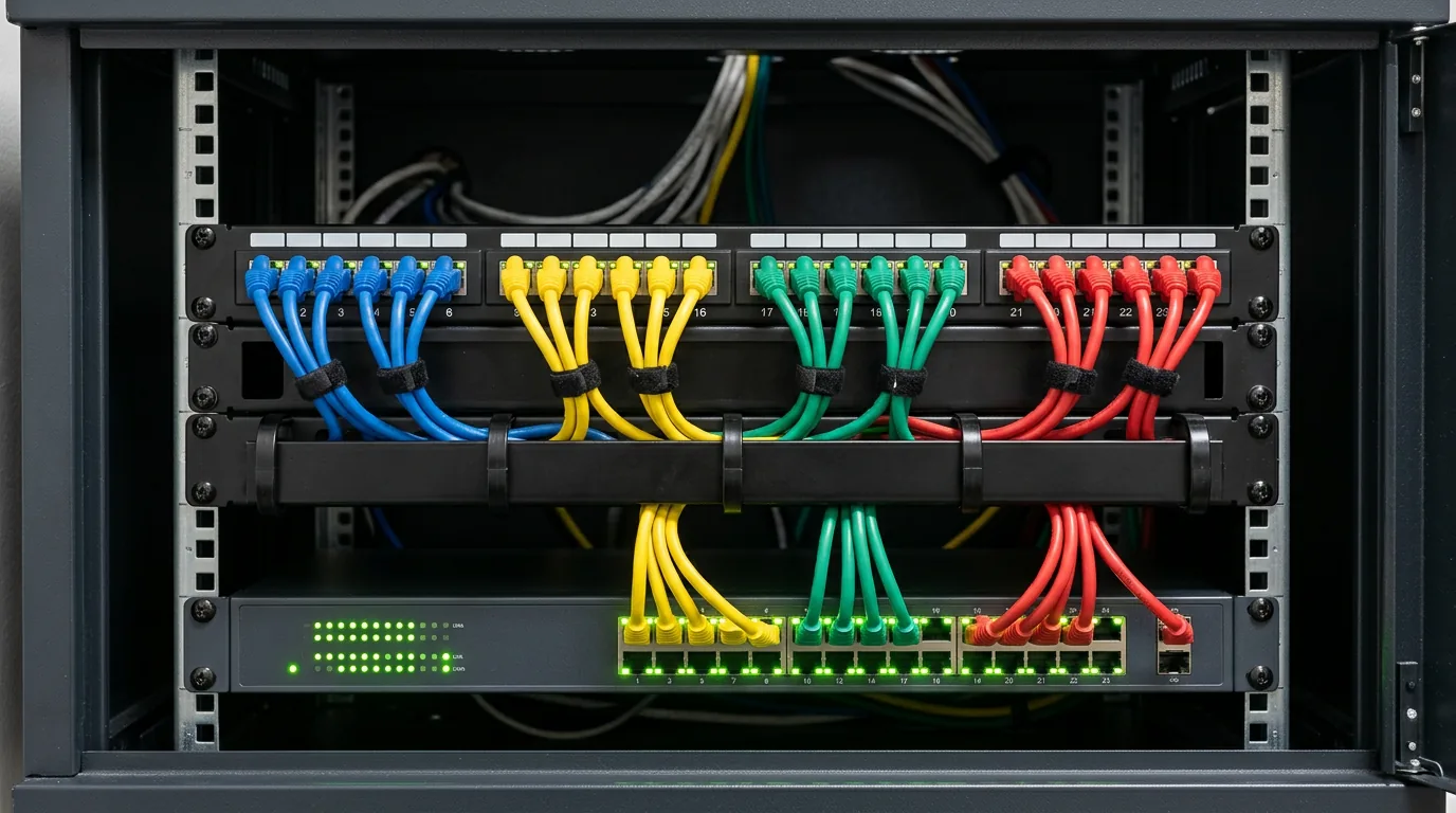 Patch panel rendezett, színkódolt patchkábelekkel a rendezőszekrényben
