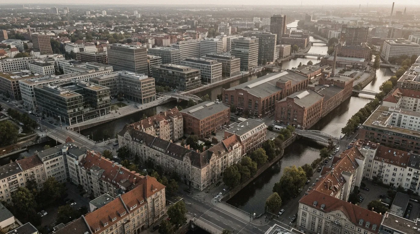 Városrész madártávlatból irodaházakkal, ipari csarnokokkal és lakóépületekkel