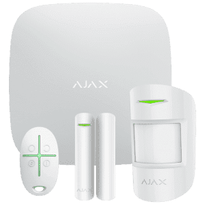 Ajax StarterKit fehér színben: Hub központi egység, MotionProtect mozgásérzékelő, DoorProtect nyitásérzékelő és SpaceControl távirányító a TEMA kínálatában.