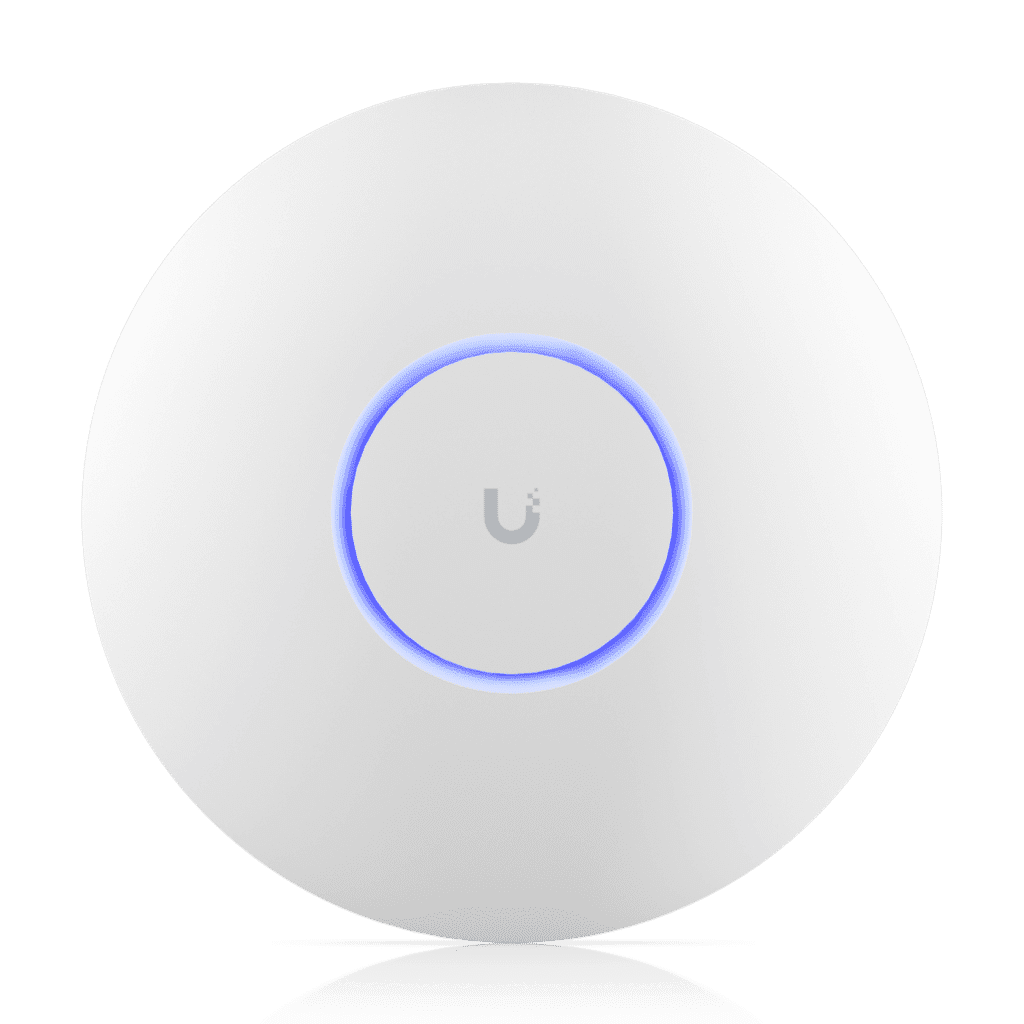 Ubiquiti UniFi mennyezeti hozzáférési pont (AP) esztétikus, kör alakú kivitelben, professzionálisan telepítve a TEMA hálózati projektjében.